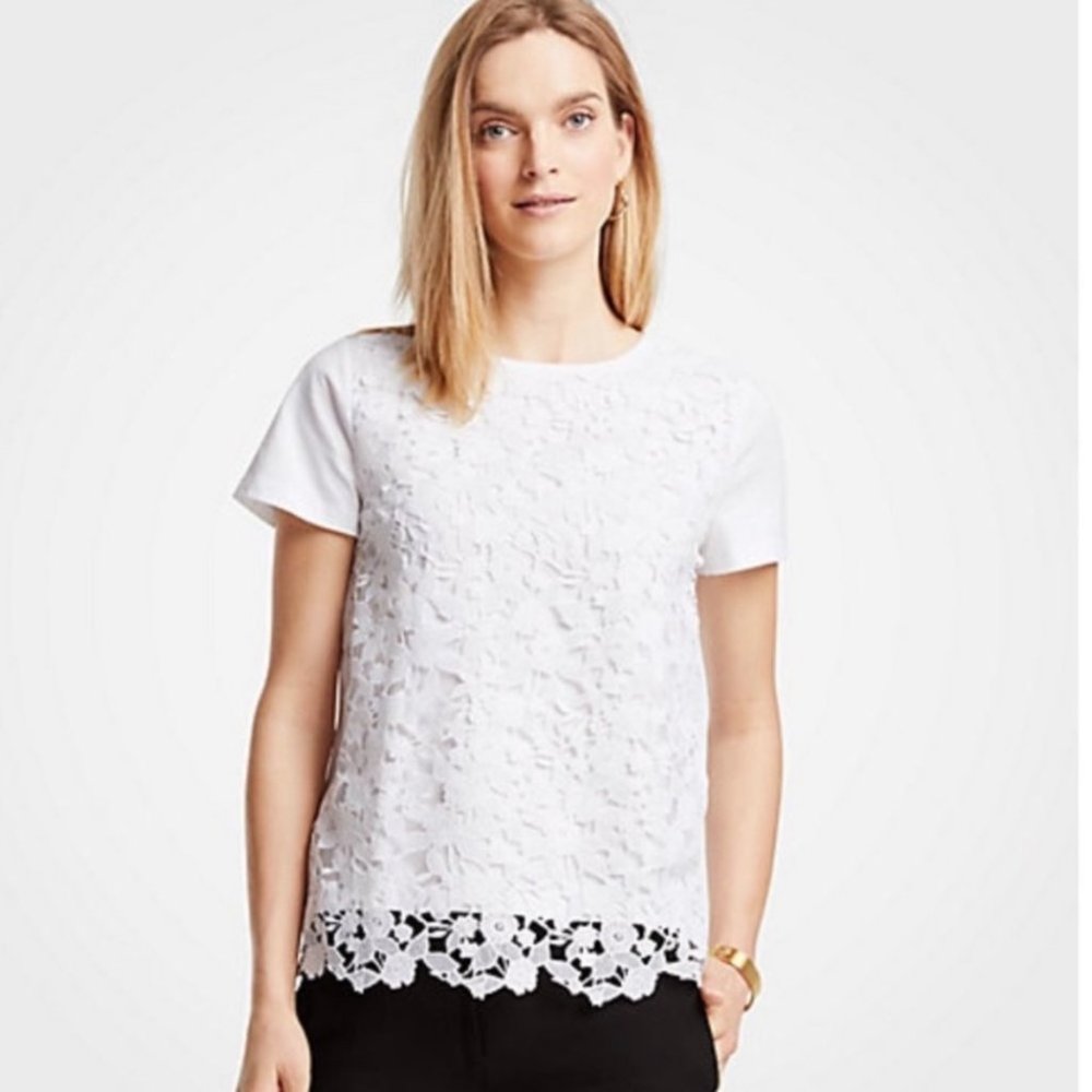 Ann Taylor Floral Lace Tee White Size S